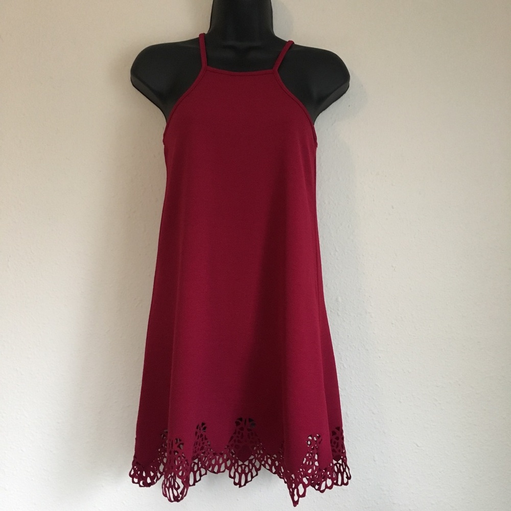 High Neck Scalloped Hem Mini Shift Dress